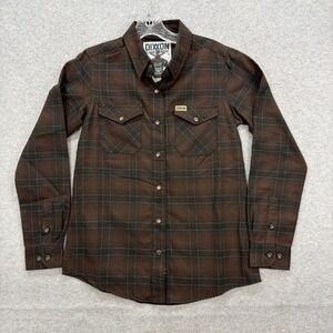Dixxon Flannel Shirt Women Small Brown Black Plaid Pearl Snap Calico D Tech
